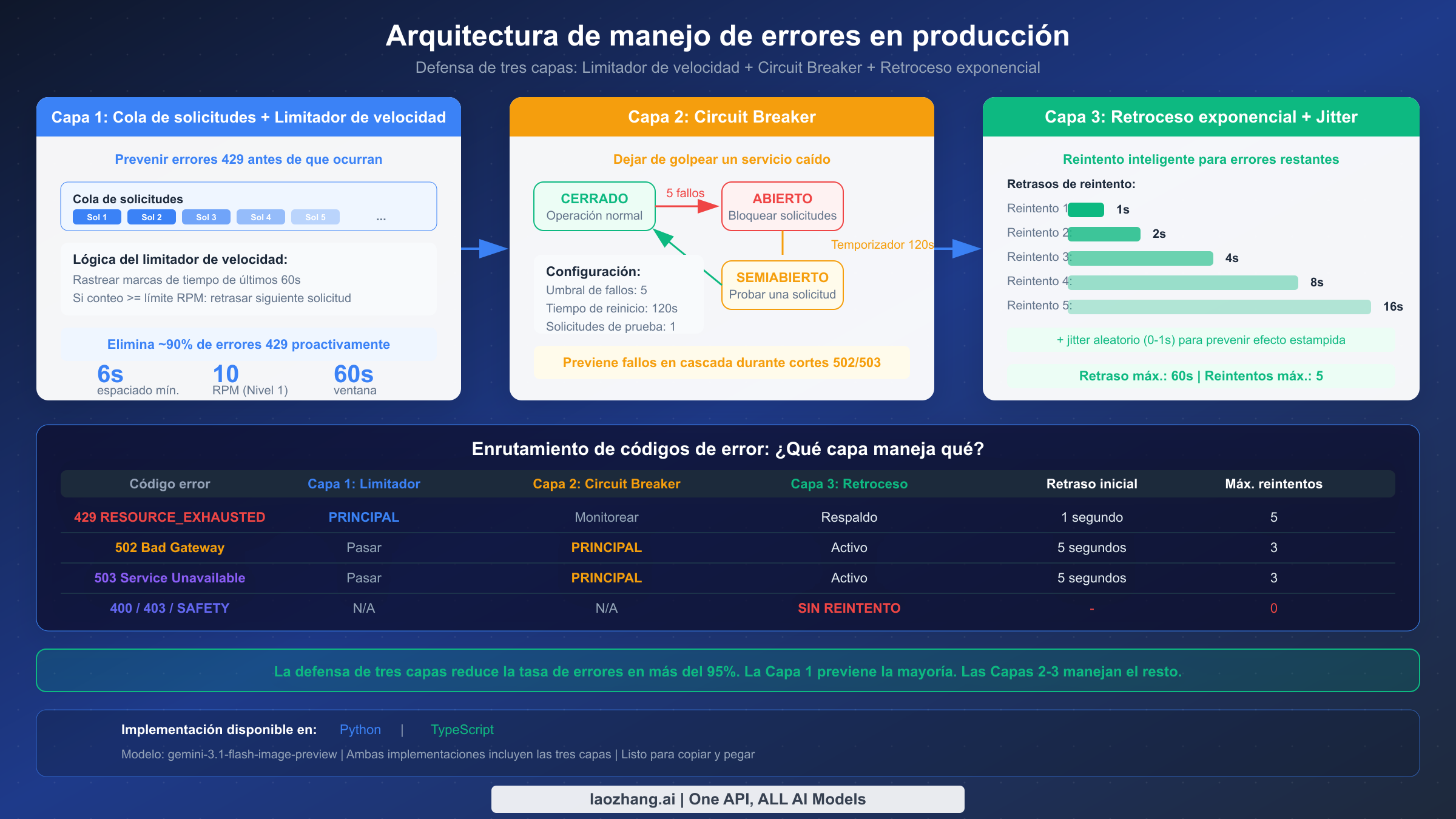Arquitectura de manejo de errores en producción mostrando la defensa de tres capas con limitador de velocidad, circuit breaker y retroceso exponencial