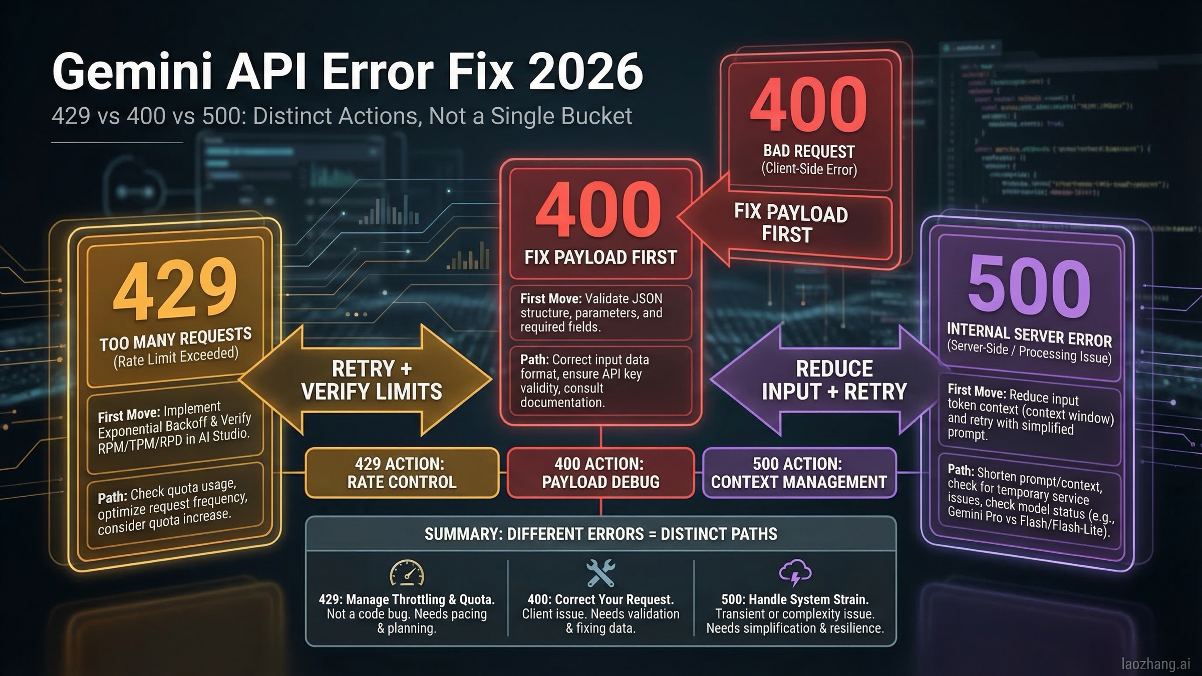Gemini API の 429・400・500 エラーを 2026 年向けに整理したトラブルシューティング図