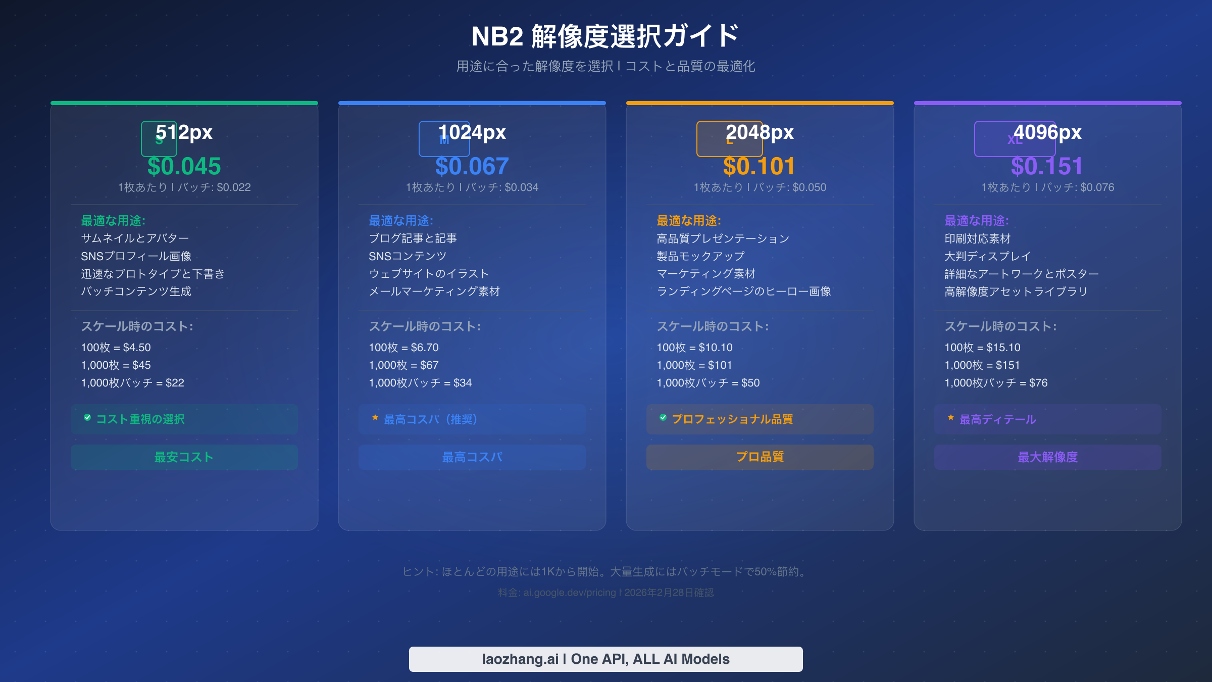 NB2解像度選択ガイド:512px、1K、2K、4Kオプションの料金比較
