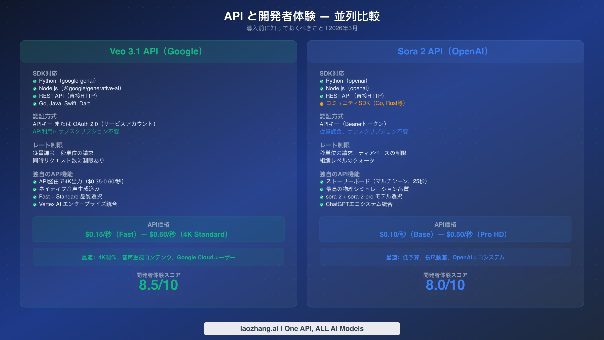 Veo 3.1 Gemini APIとSora 2 OpenAI APIの開発者体験比較:SDK対応言語と機能一覧