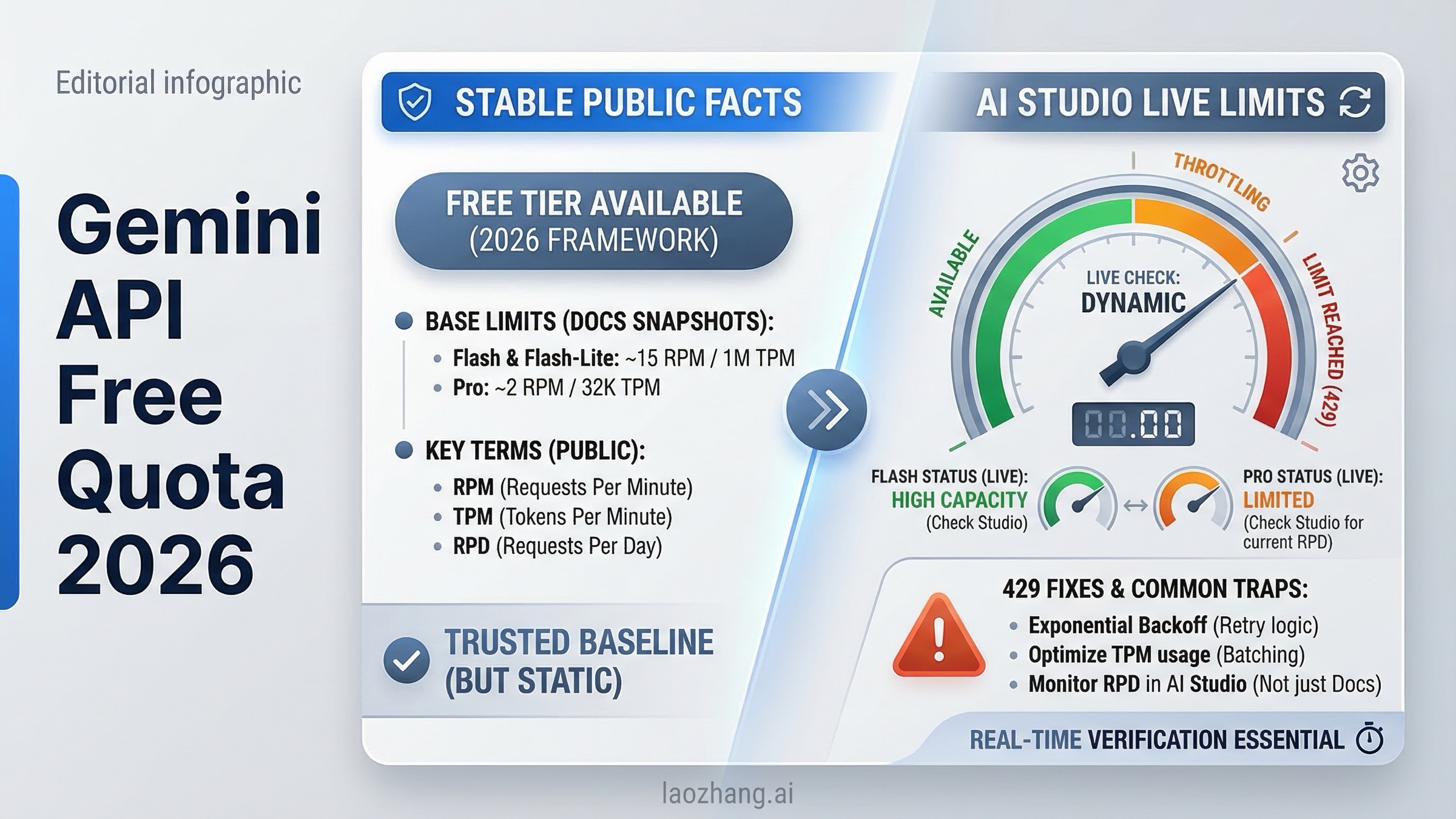 Gemini API 무료 할당량 2026 가이드. 공개 사실, AI Studio 한도, 429 대응을 설명