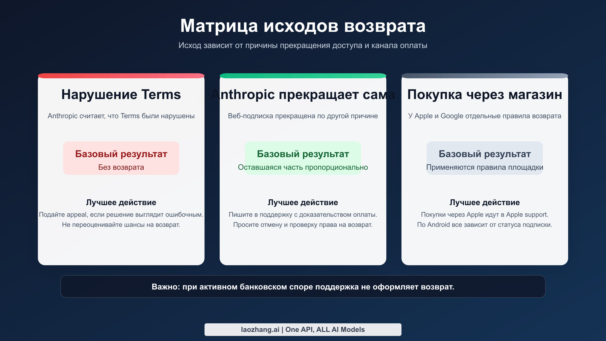 Матрица возврата: за нарушение Terms обычно не возвращают, при иной отмене Anthropic возможен пропорциональный возврат, а покупки через магазины подчиняются их правилам