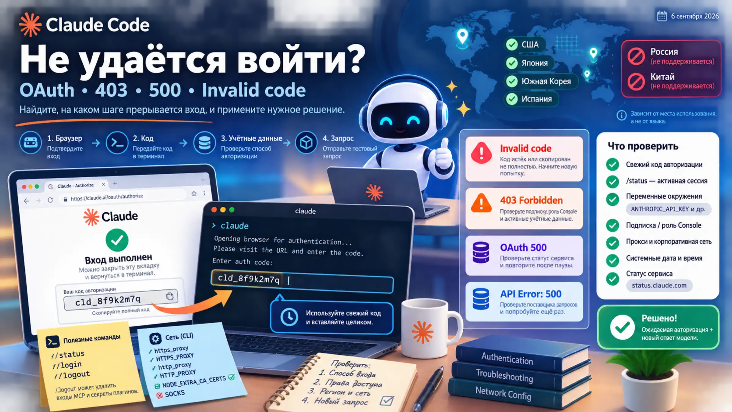 Ошибки входа в Claude Code: передача кода из браузера в терминал и проверка аккаунта, региона и сети