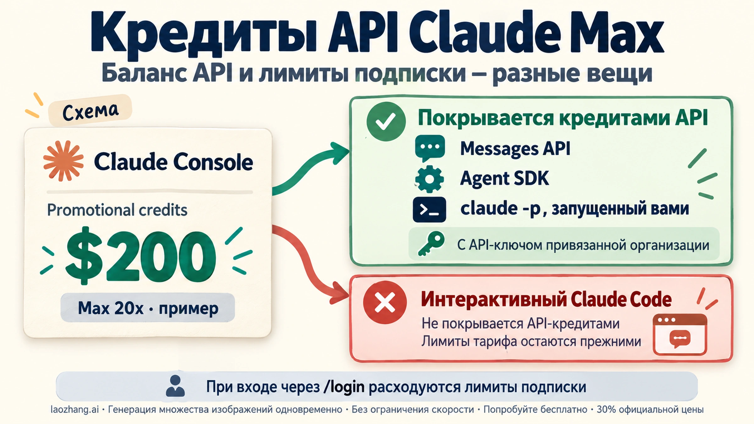 Кредиты API Claude Max: карточка Claude Console с балансом Promotional credits $200 для Max 20x, зелёная стрелка к API и Agent SDK, красная — к Claude Code