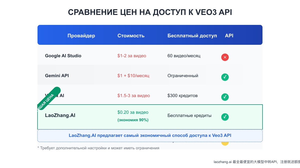 Сравнение ценовых моделей различных вариантов доступа к Veo3