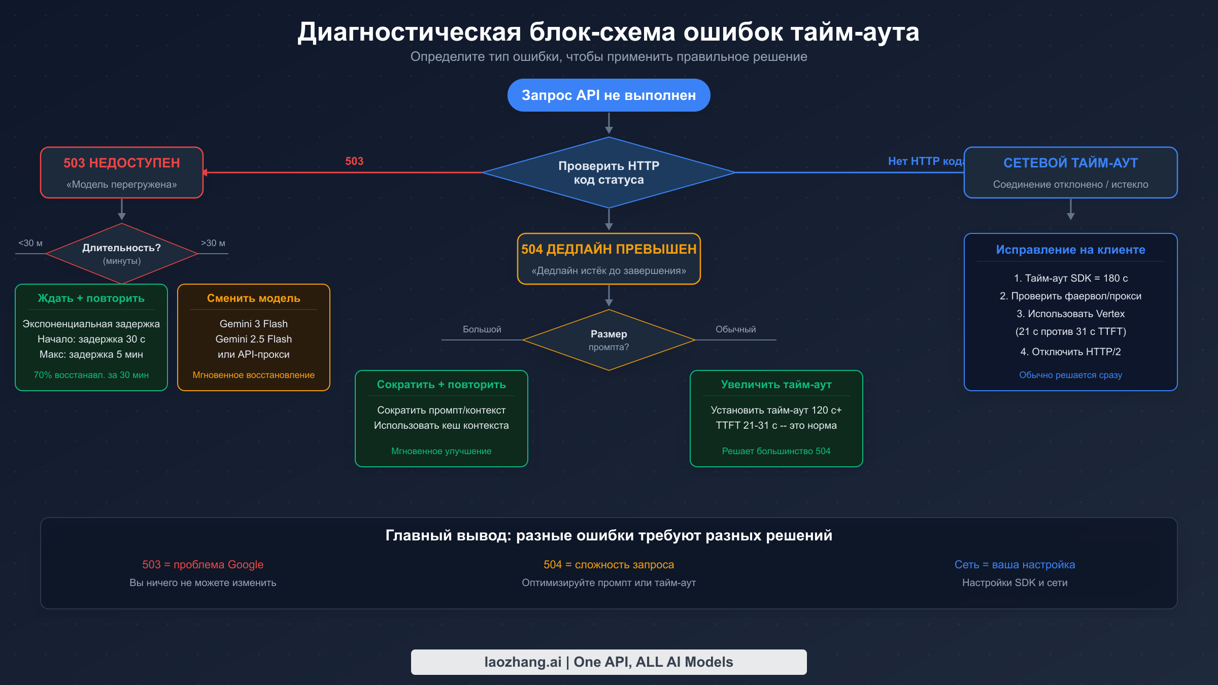 Блок-схема диагностики ошибок таймаута Gemini 3.1 Pro по HTTP-коду состояния