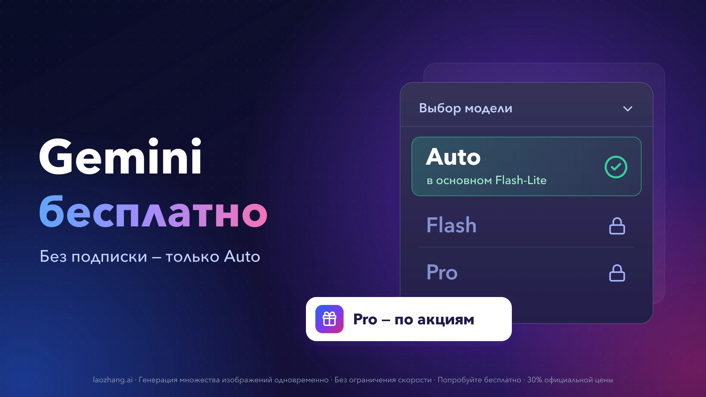 Меню выбора модели в бесплатном Gemini: доступен только режим Auto, в основном Flash-Lite, а Flash и Pro закрыты; Pro можно получить по акциям
