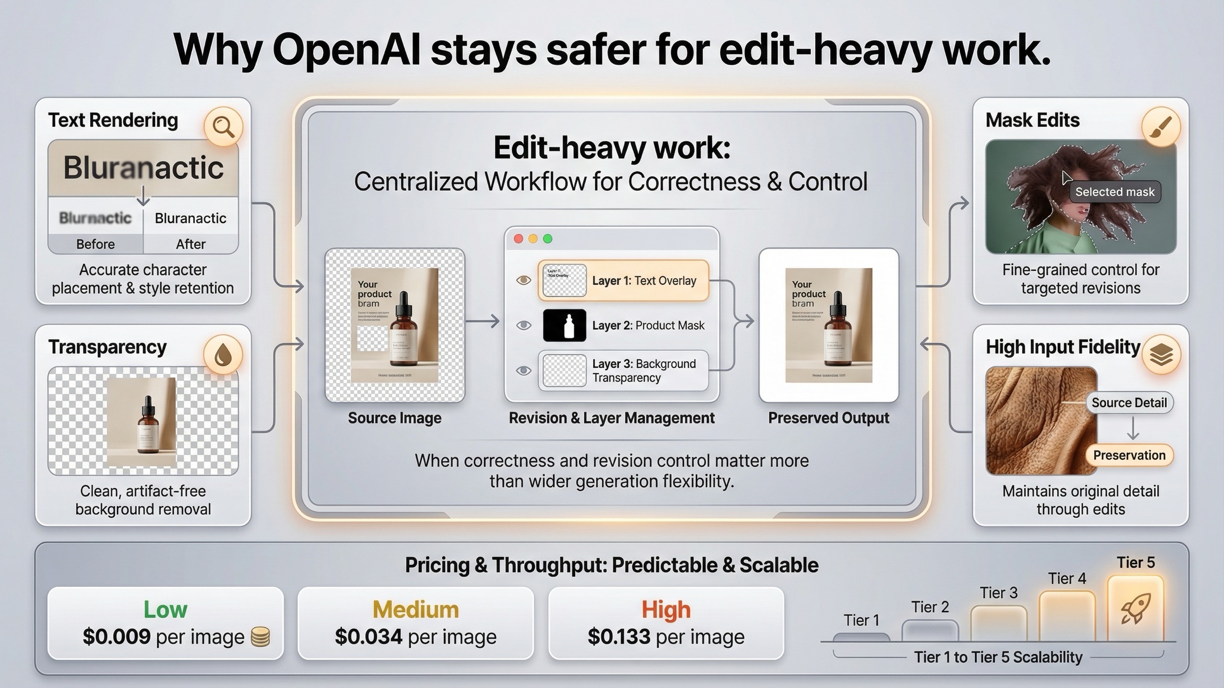 OpenAI image-generation advantages board showing text rendering, mask-based edits, transparent backgrounds, high input fidelity, and current GPT Image 1.5 price cues.