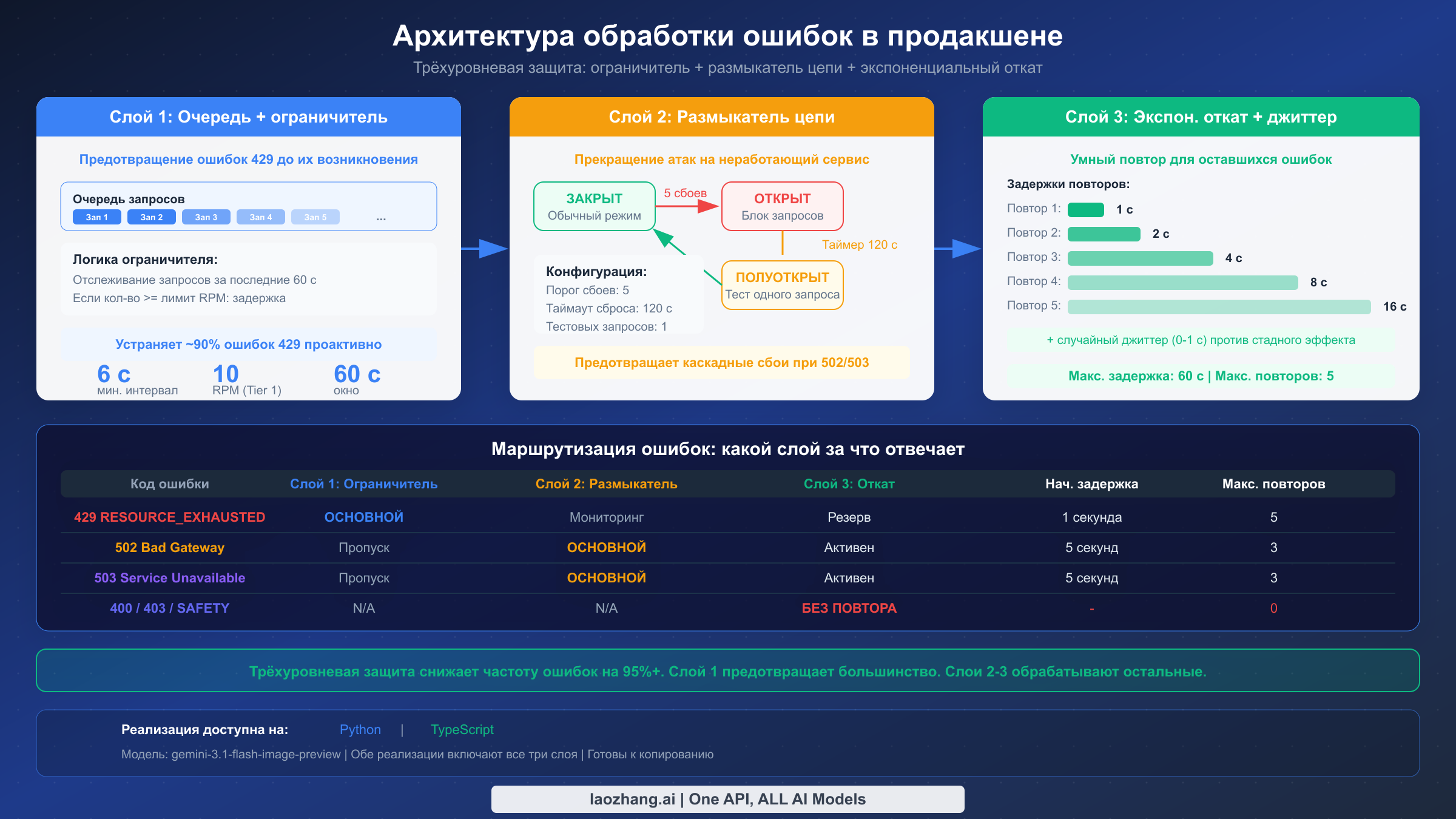 Архитектура обработки ошибок в продакшене: трёхуровневая защита с ограничителем скорости, размыкателем цепи и экспоненциальным откатом