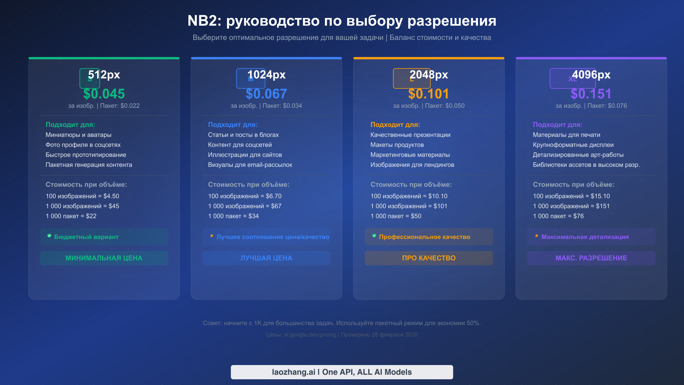 Руководство по выбору разрешения NB2: сравнение 512px, 1K, 2K и 4K с ценами