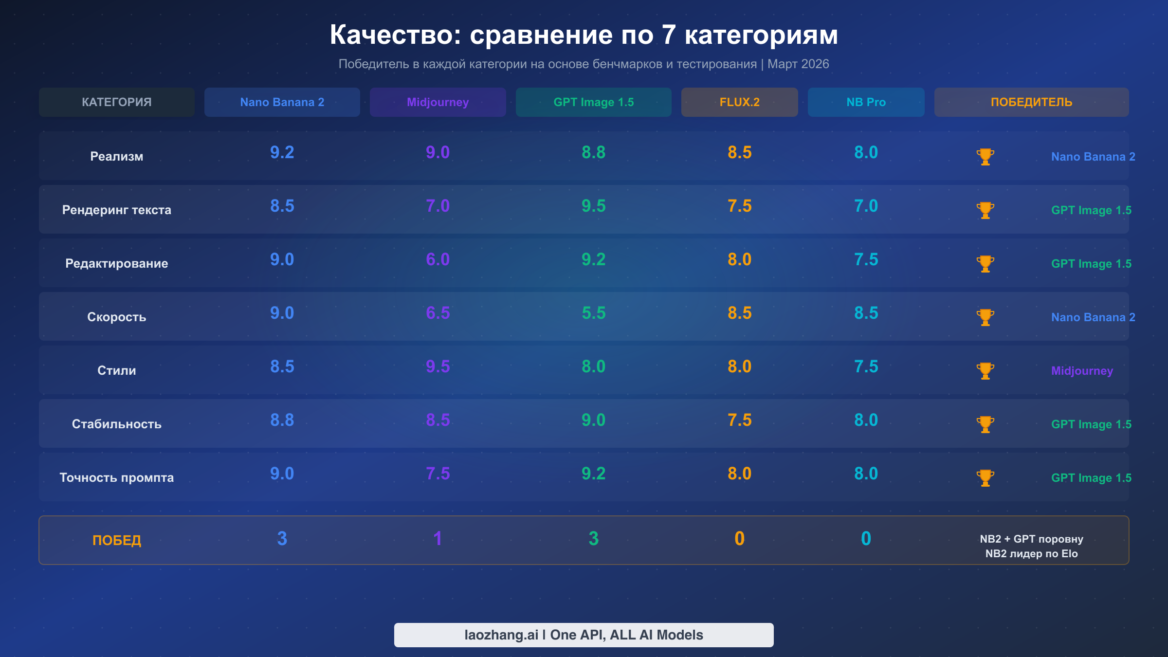 Матрица сравнения качества по 7 категориям для всех 5 AI-генераторов изображений