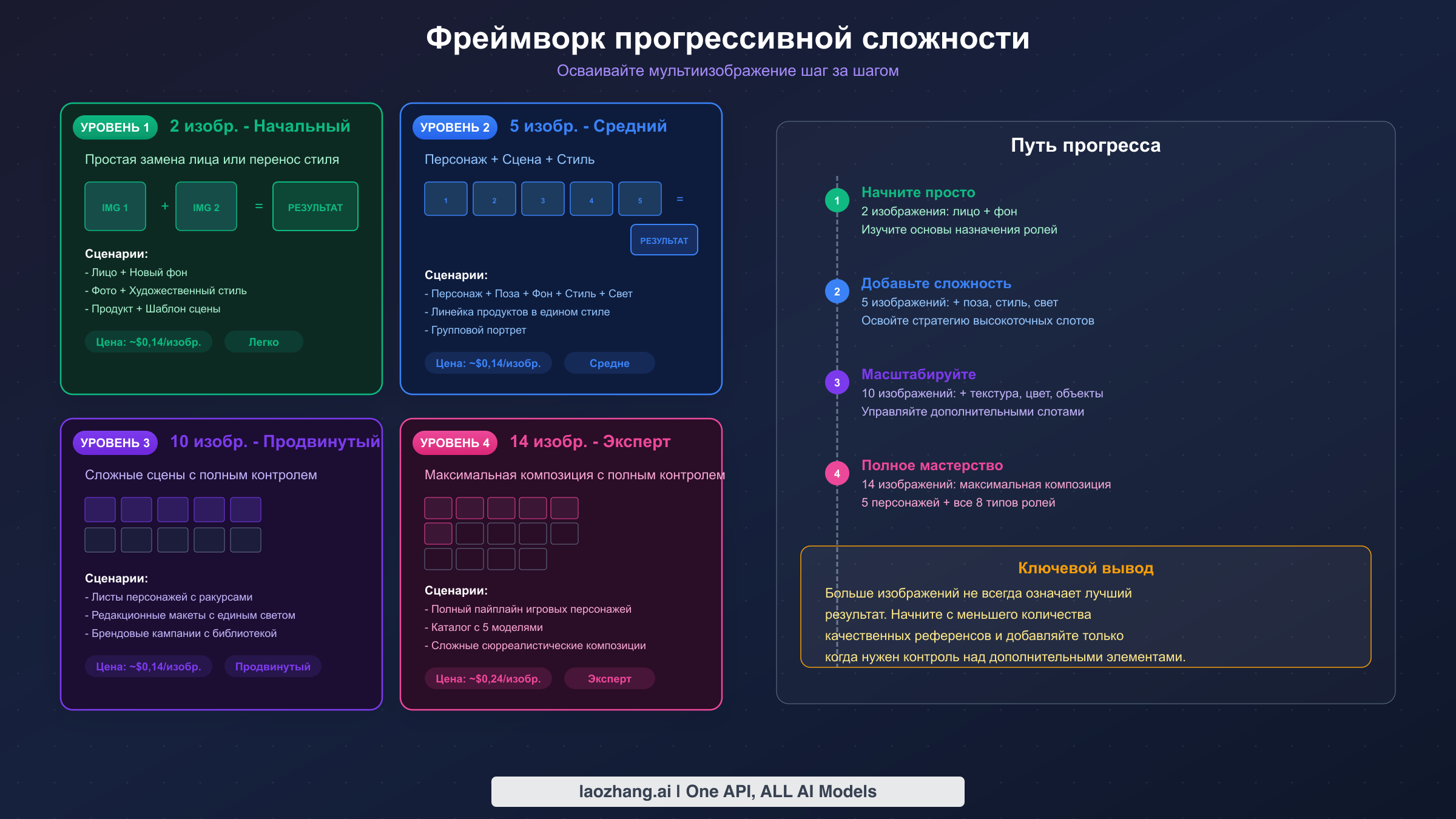 Фреймворк прогрессивной сложности, показывающий 4 уровня мультиизображений от 2 до 14 изображений