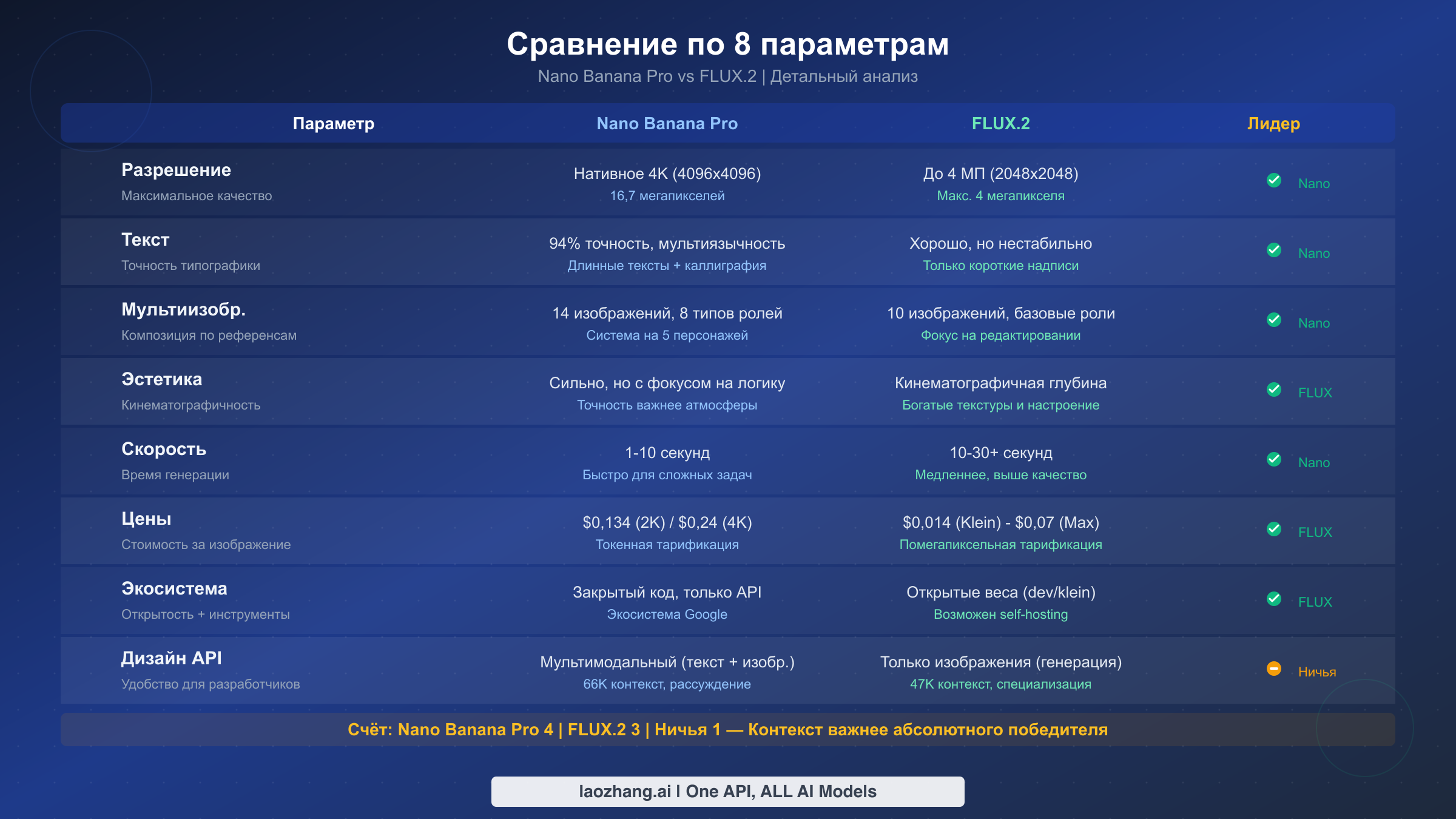 Сравнение по восьми параметрам между Nano Banana Pro и FLUX.2: разрешение, рендеринг текста, мультикомпозиция, эстетика, скорость, цены, экосистема и дизайн API
