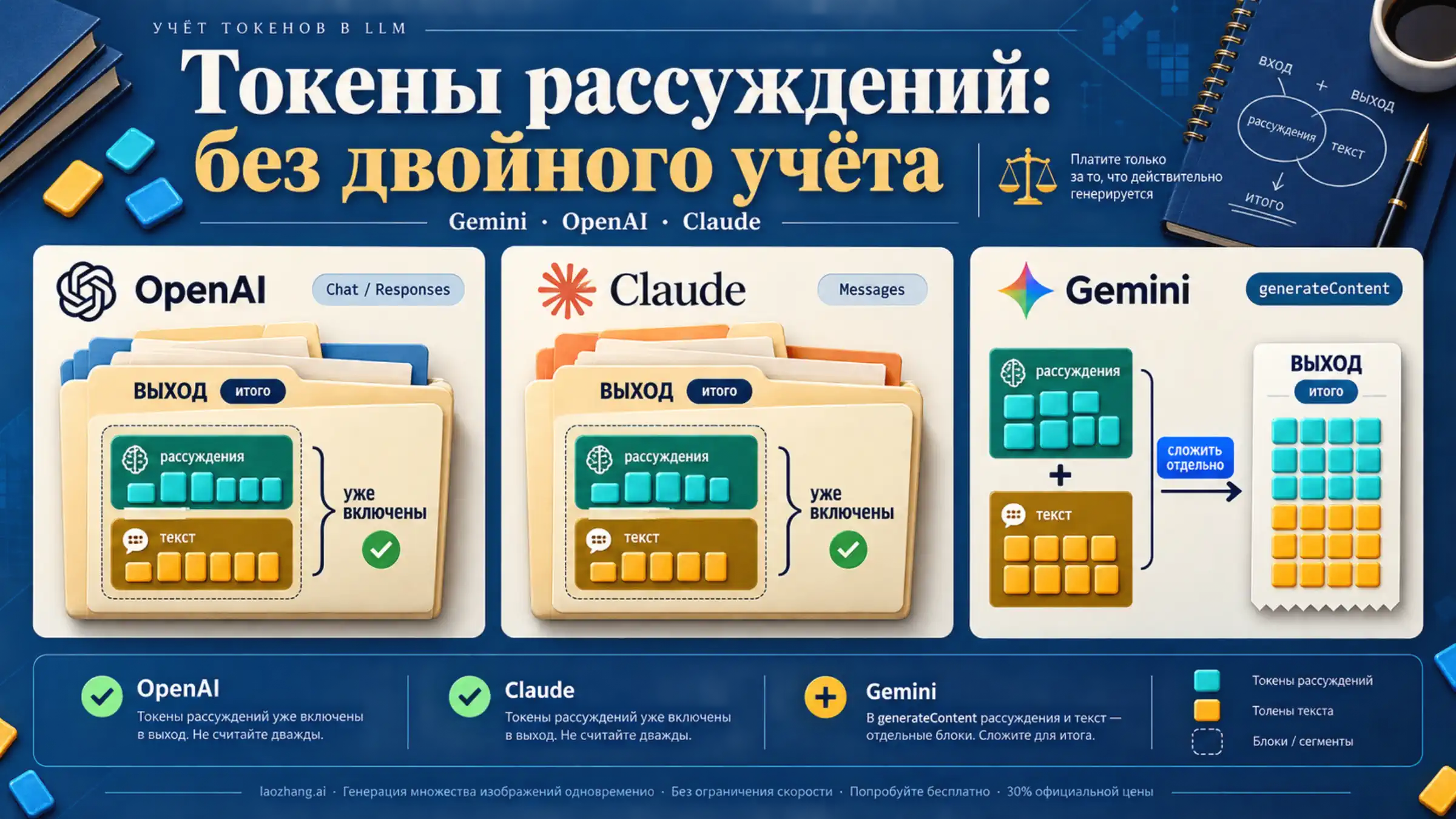Схема учёта выходных токенов и рассуждений в OpenAI, Claude и Gemini