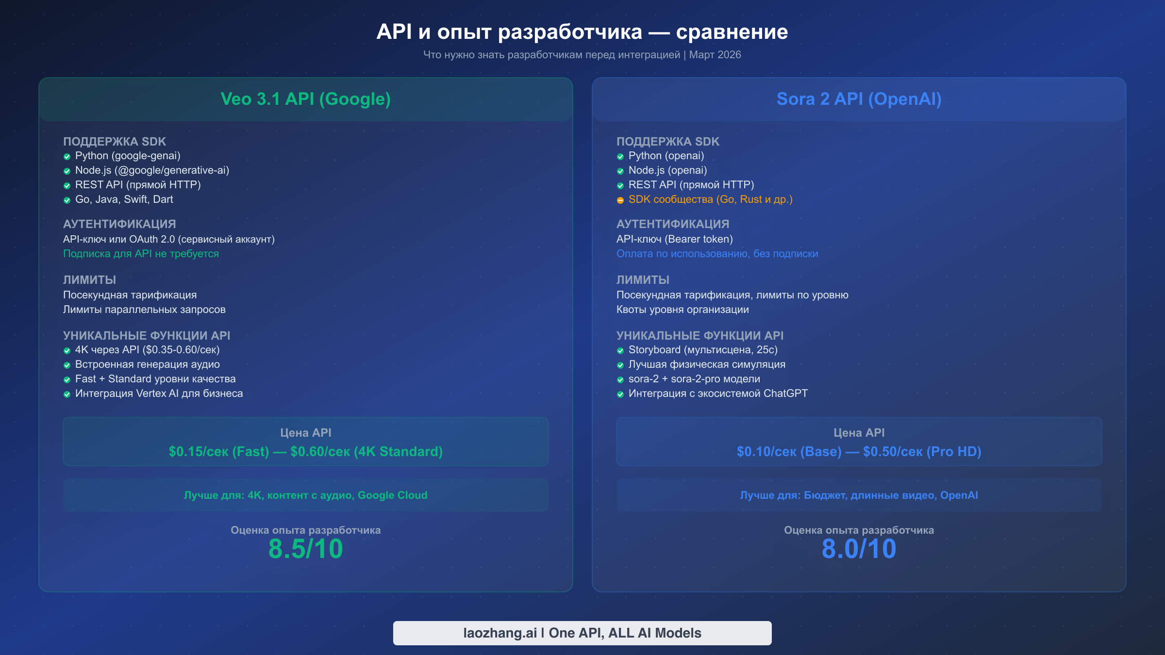 Сравнение API и опыта разработчика между Veo 3.1 Gemini API и Sora 2 OpenAI API: поддержка SDK и функции