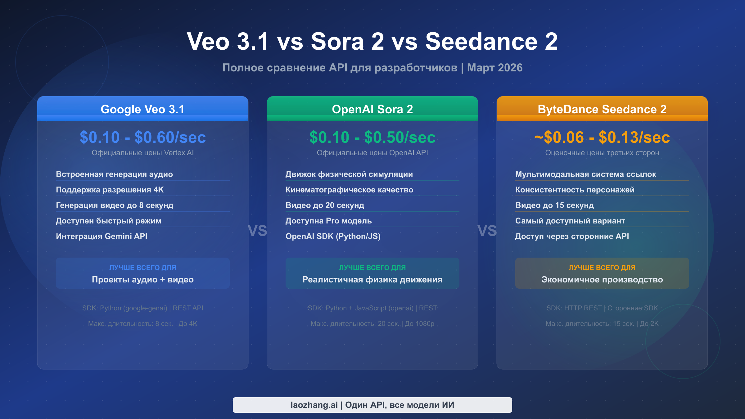 Сравнение Veo 3.1, Sora 2 и Seedance 2 API для разработчиков