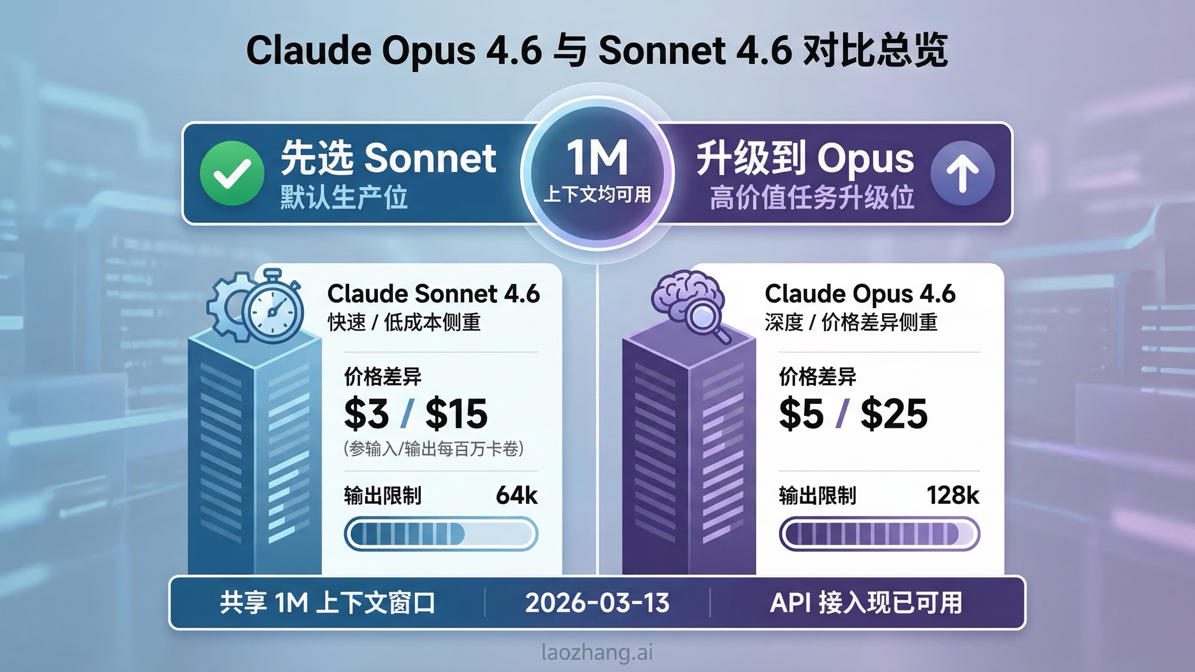 Claude Opus 4.6 与 Sonnet 4.6 在价格、上下文、输出和工作流适配上的对比图