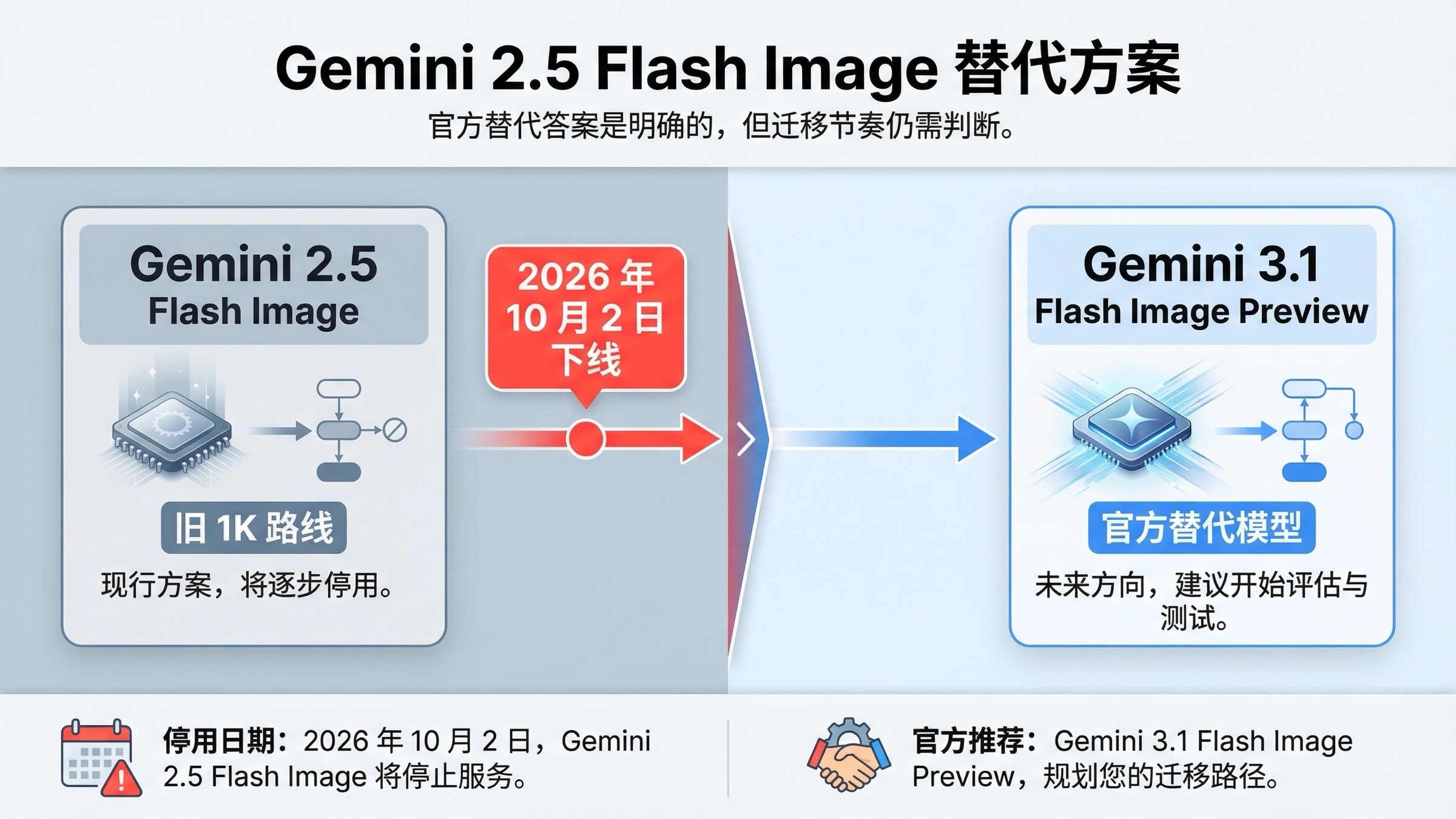 Gemini 2.5 Flash Image 替代方案,展示官方替代模型与 2026 年 10 月 2 日下线日期