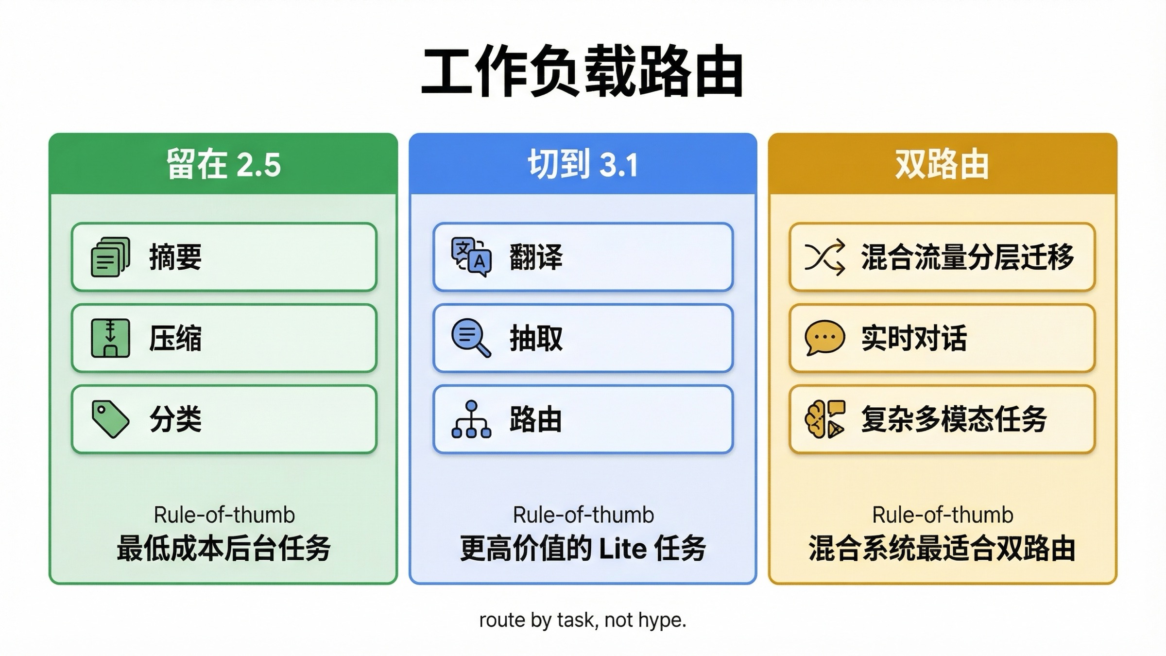 工作负载路由图显示哪些任务适合继续留在 2.5,哪些应该切到 3.1,以及哪些团队适合双路由。