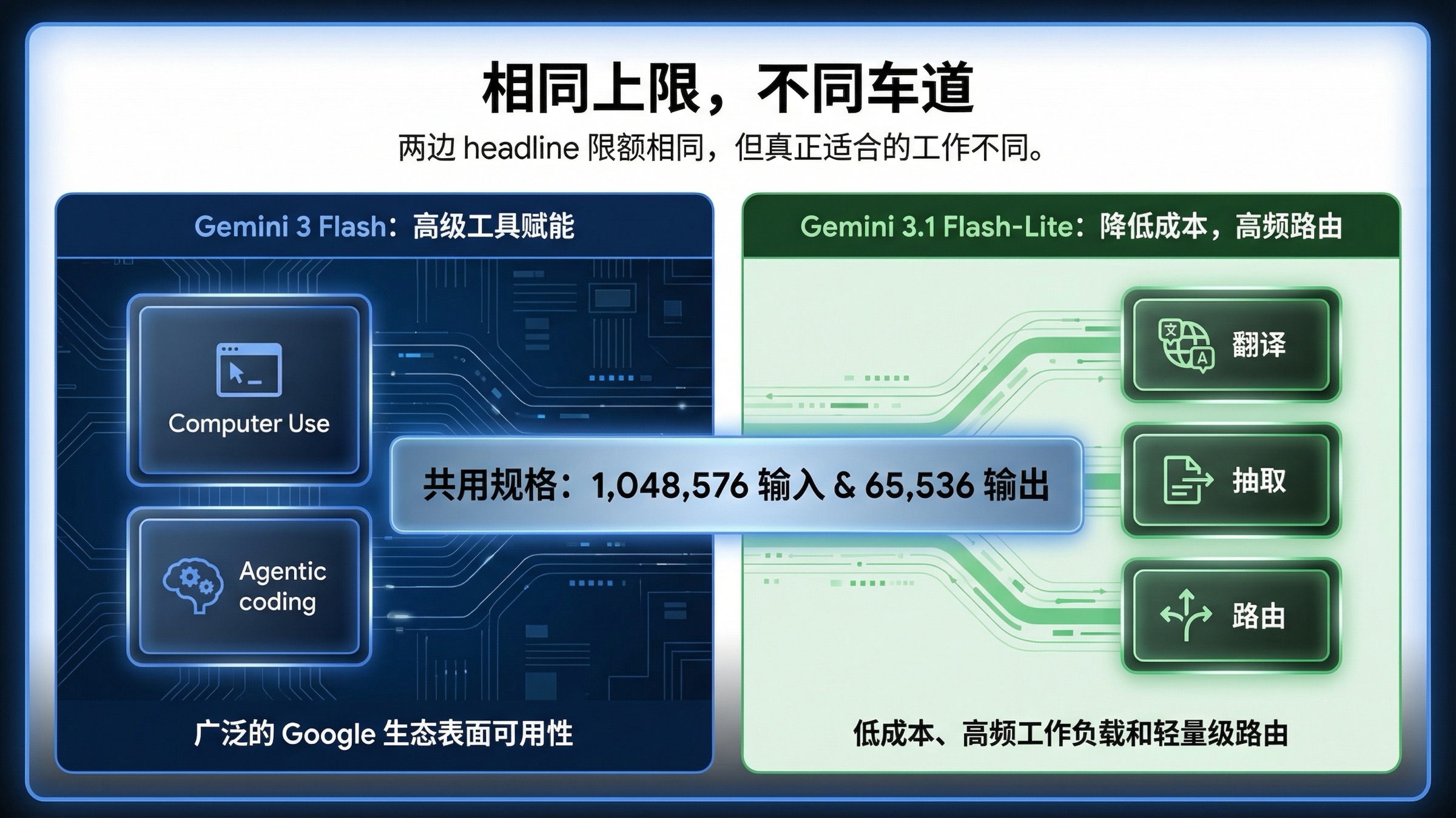 功能板展示两者共享相同 token 上限,但在高级工具与工作负载定位上明显不同。