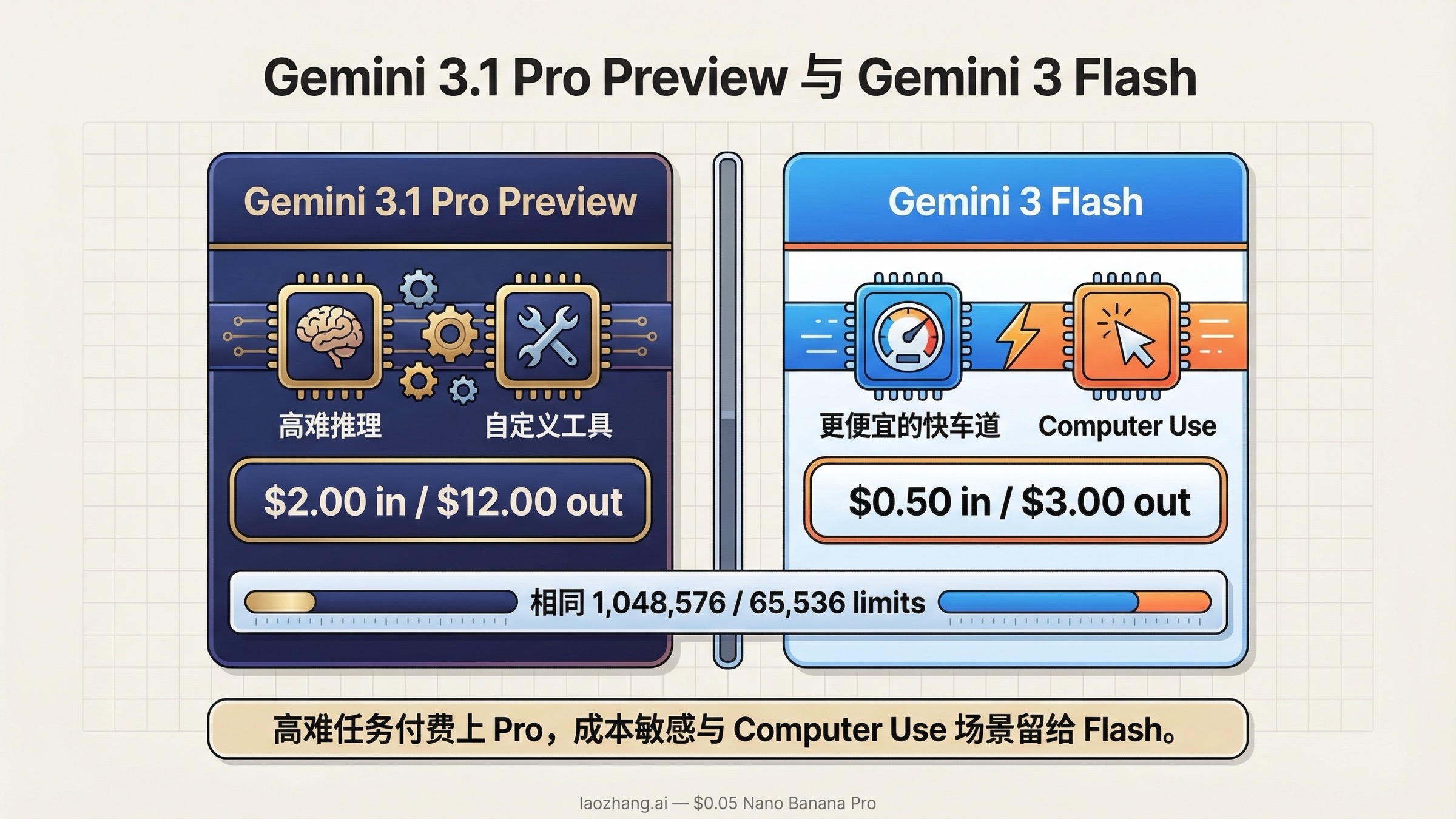 Gemini 3.1 Pro Preview 与 Gemini 3 Flash 对比封面,突出价格、工具支持与路由判断