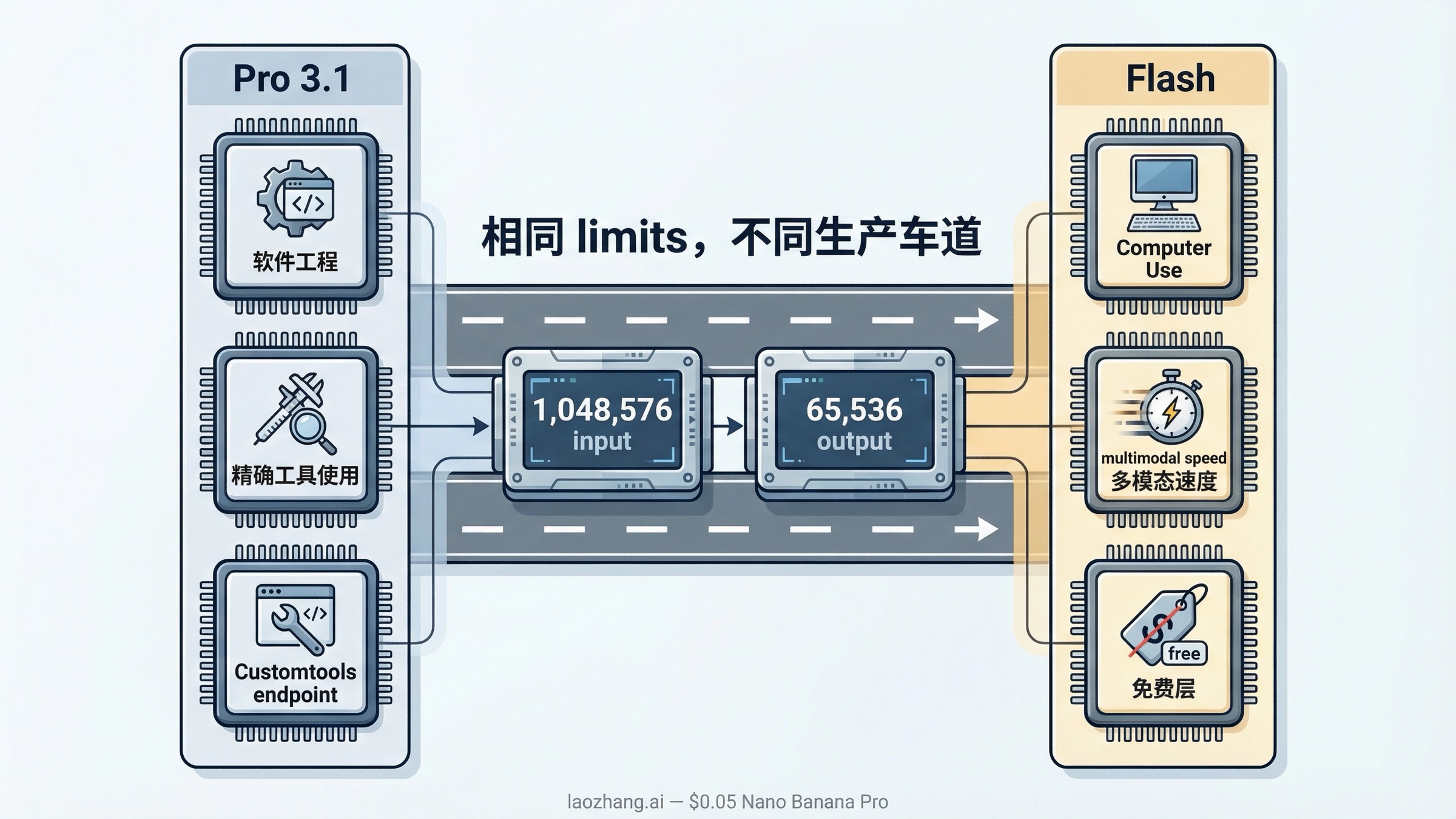 对比图展示 Gemini 3.1 Pro Preview 与 Gemini 3 Flash 虽然 token 上限相同,但工具面与生产车道不同。