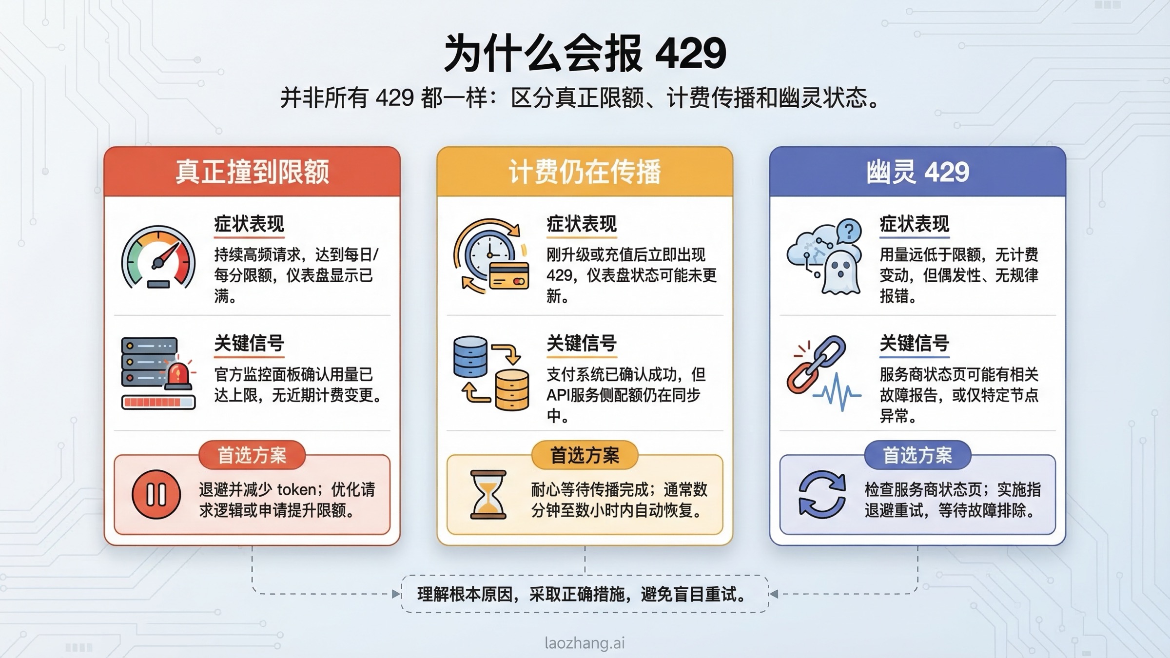 对比图:Gemini API 三种常见 429 场景,分别是真实限额、计费传播与幽灵 429。