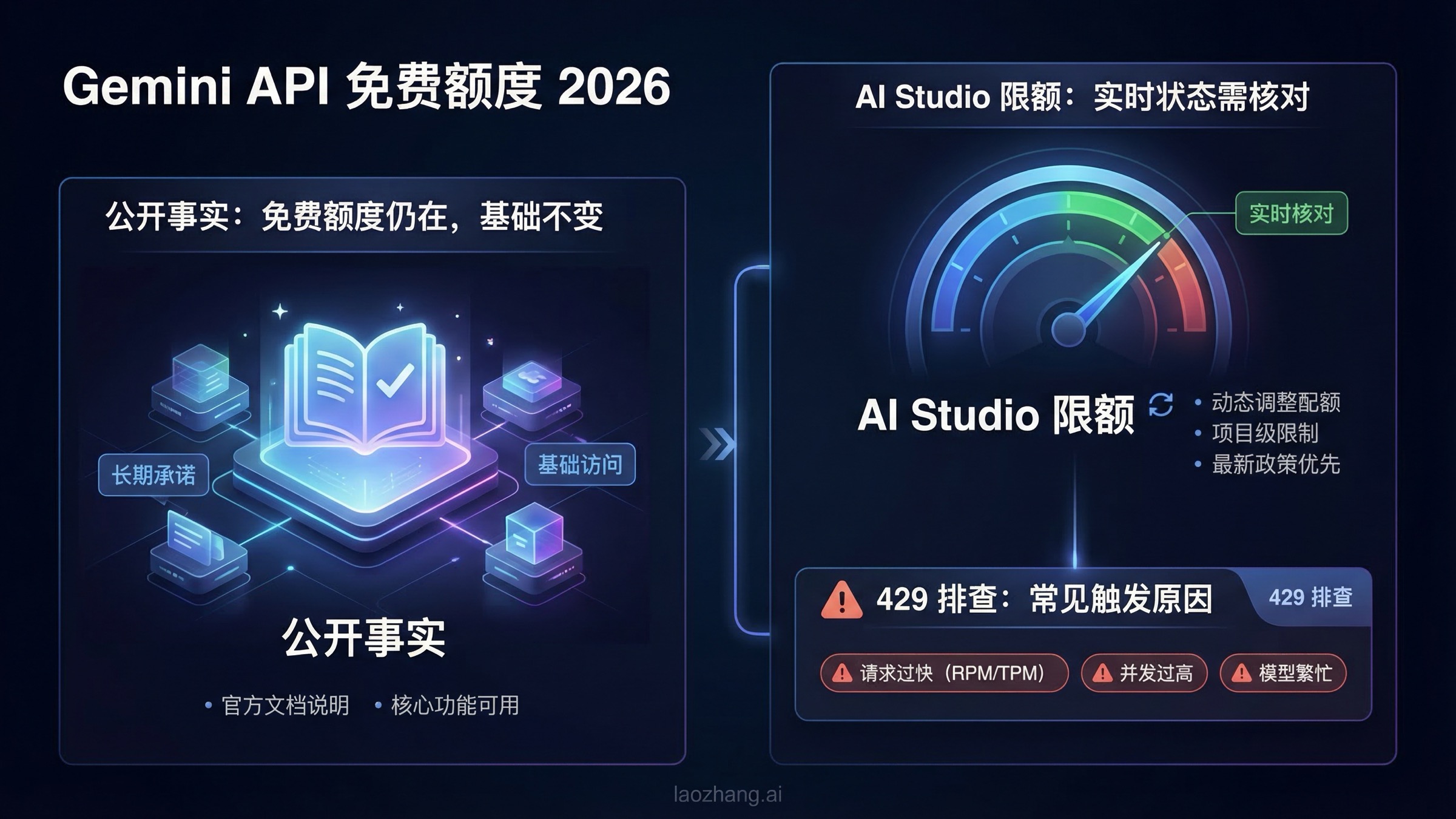 Gemini API 免费额度 2026 指南,说明公开事实、AI Studio 限额和 429 排查