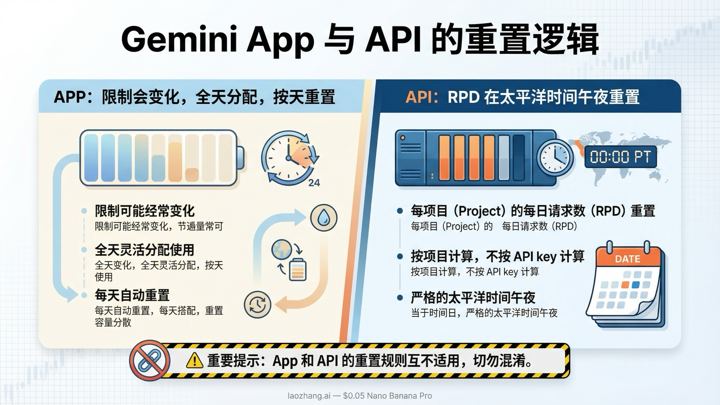 双栏图解释 Gemini App 的按天刷新提示与 Gemini API 的太平洋时间午夜 RPD 重置规则
