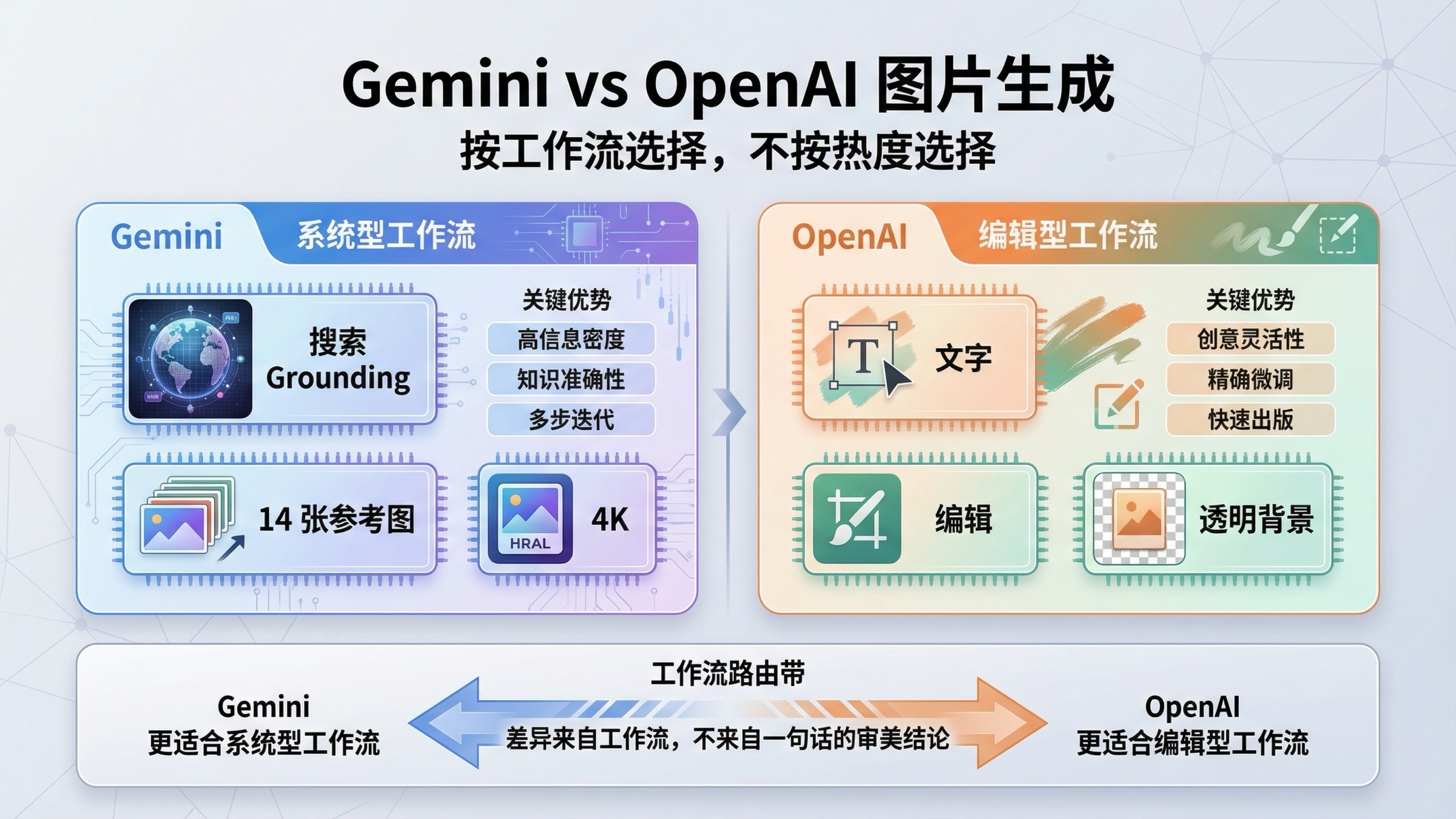 Gemini 与 OpenAI 图片生成对比封面,展示 4K、参考图、文字编辑与工作流取舍