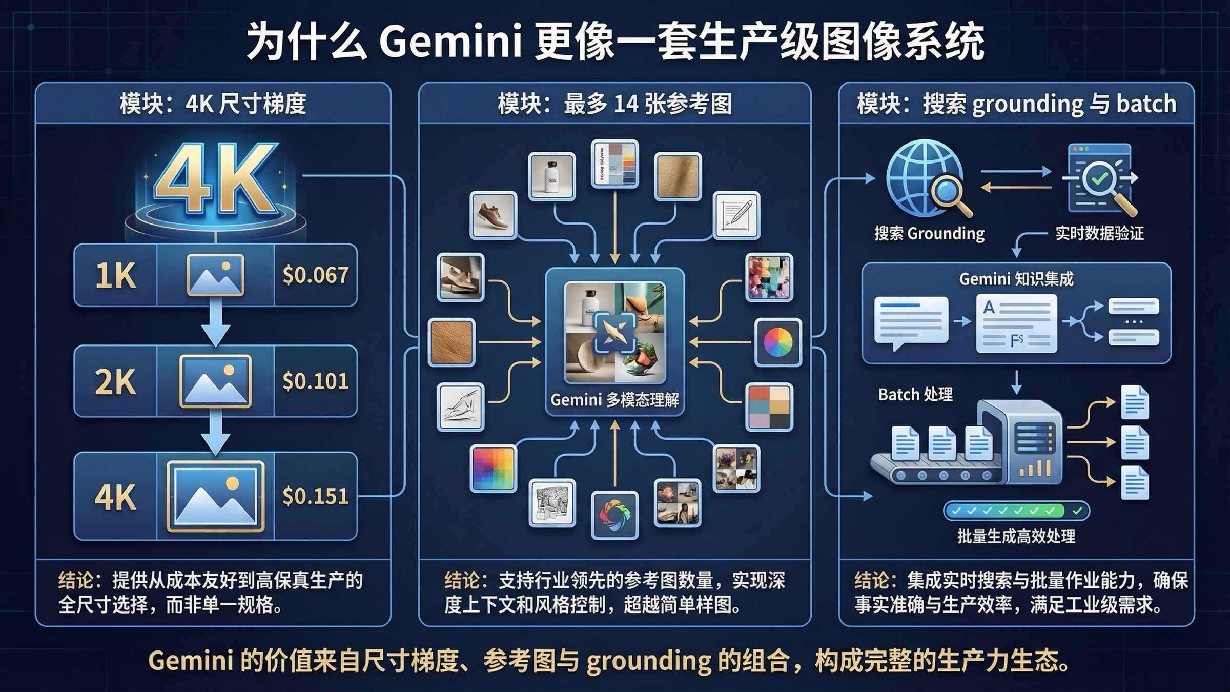 Gemini 图片能力图:展示 1K、2K、4K 输出、14 张参考图、Google Search grounding 与价格信号。