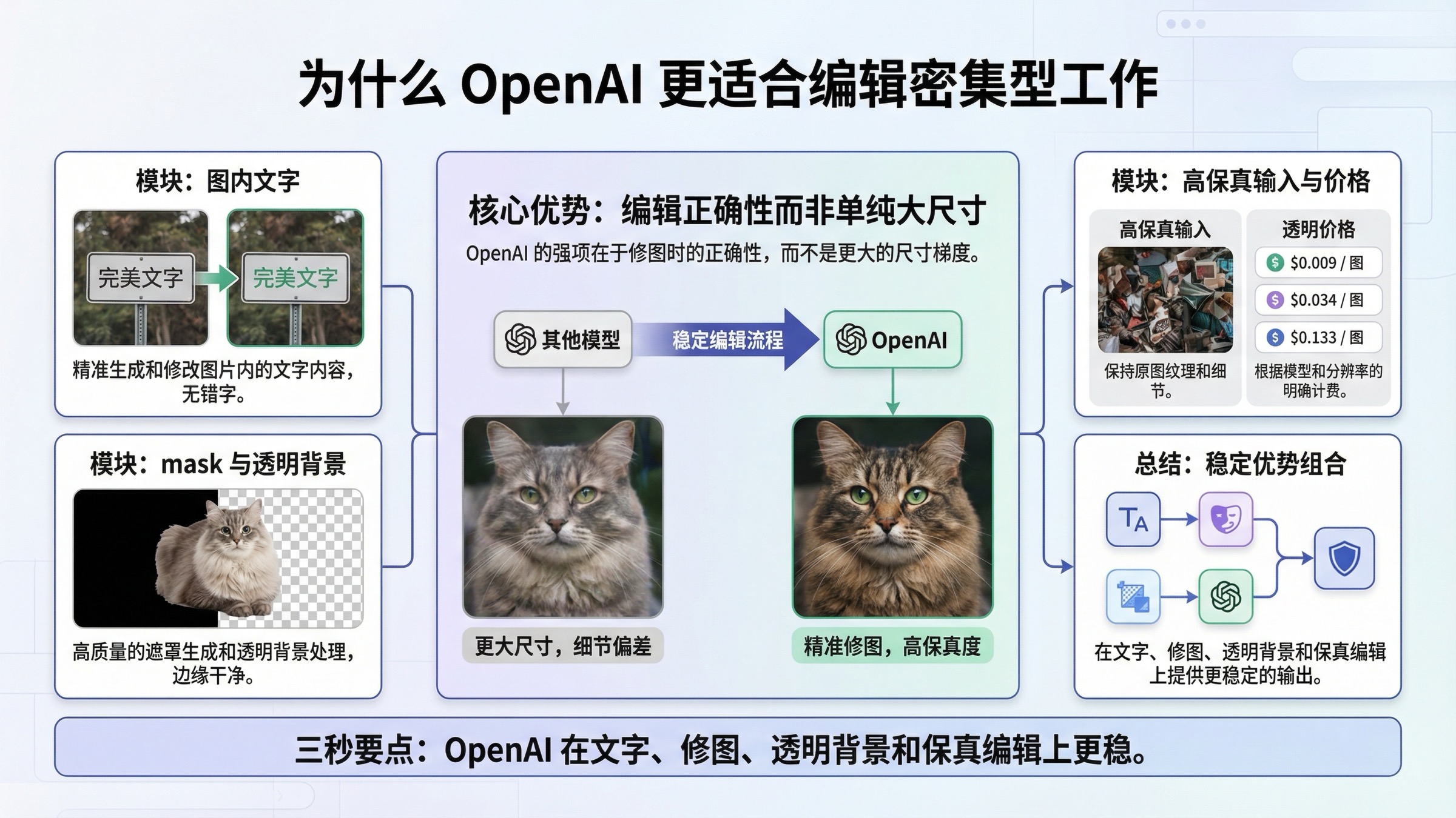 OpenAI 图片能力图:展示文字渲染、mask 编辑、透明背景、高输入保真和 GPT Image 1.5 当前价格。