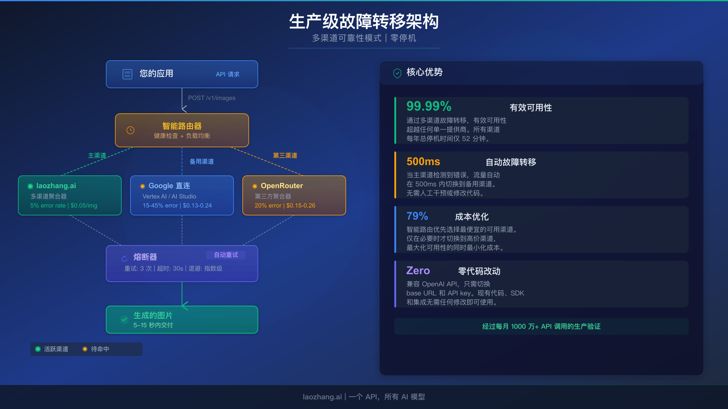 多渠道故障转移架构图,展示自动路由和熔断器模式