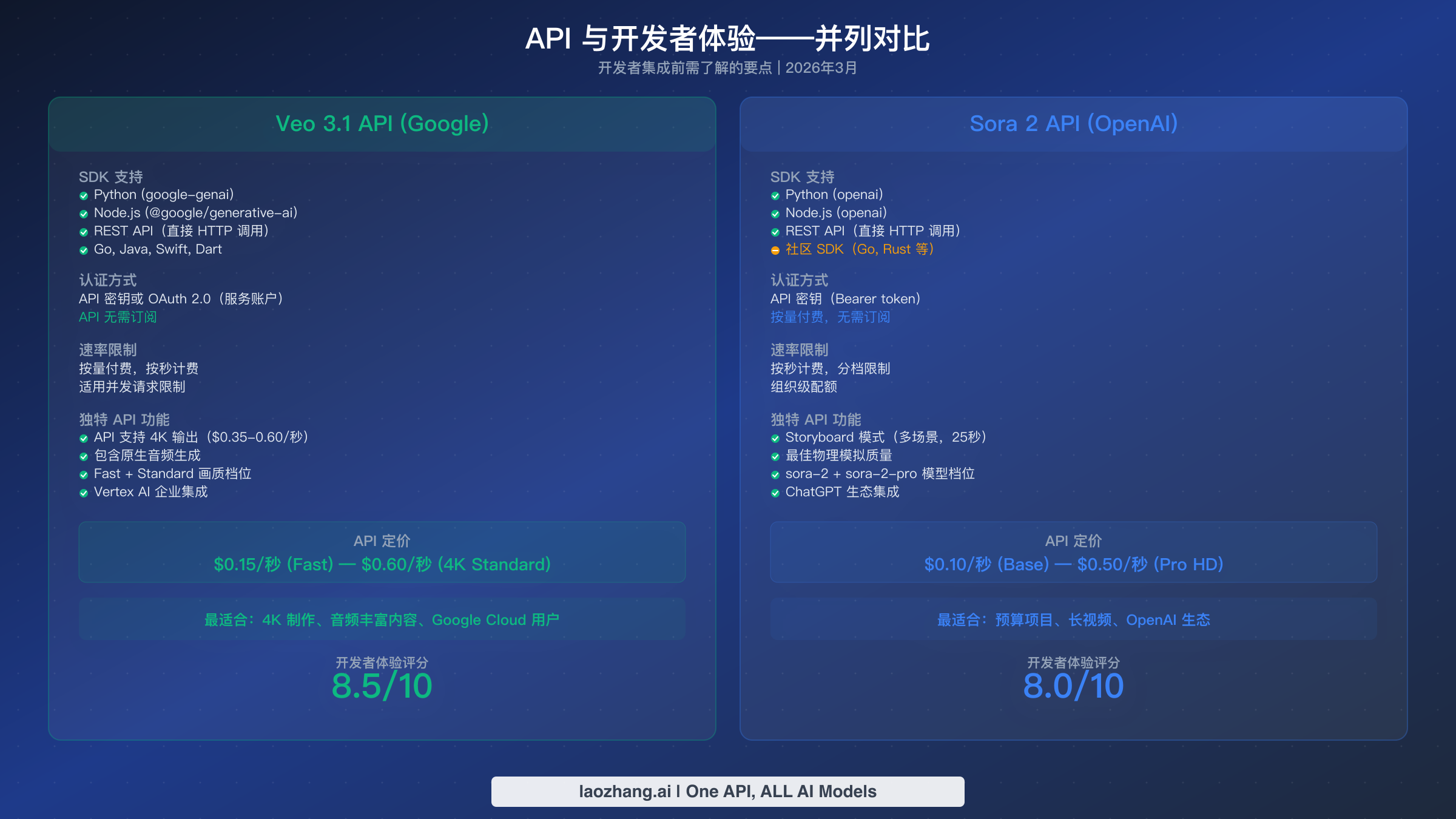 Veo 3.1 Gemini API 与 Sora 2 OpenAI API 的 API 和开发者体验对比,展示 SDK 支持和功能特性