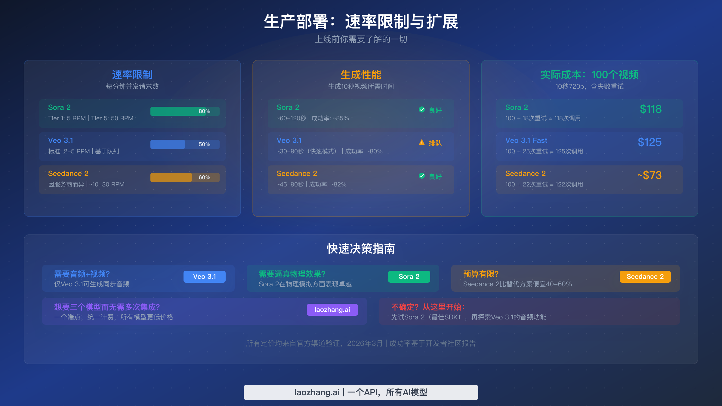 生产部署概览展示速率限制、生成性能和100次视频生成的真实成本